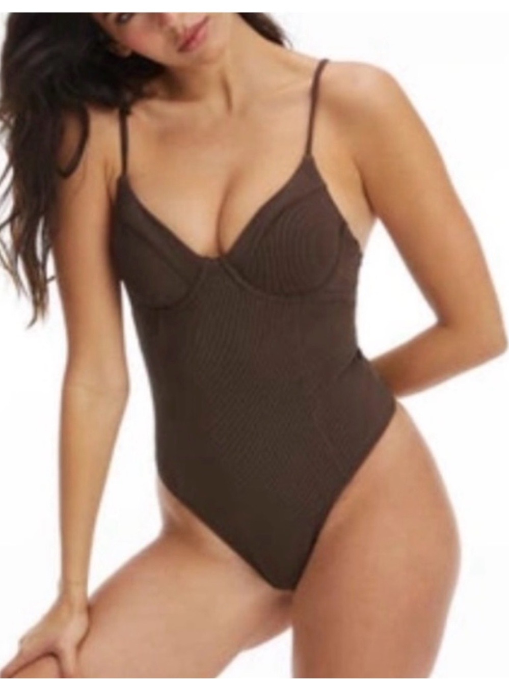 Title: Good American Brown Ribbed Underwire One Piece Swimsuit Small Low Back